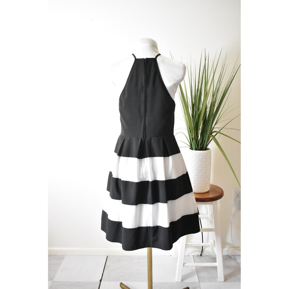 B. Darlin Fit Flare Dress Women 5/6 Black White Y2K Striped Halter Pleated - Picture 5 of 10